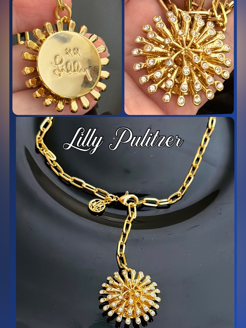Lilly Pulitzer Gold Crystal Sunburst Flower Necklace✨Paper-Clip Link Chain✨NWT